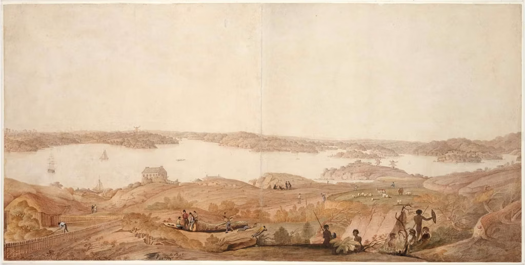 Early colonial watercolour panorama looking out over Sydney Harbour from the north shore, with Aboriginal people in the foreground beside a bark canoe drawn up on the rocks, some standing with fishing spears.